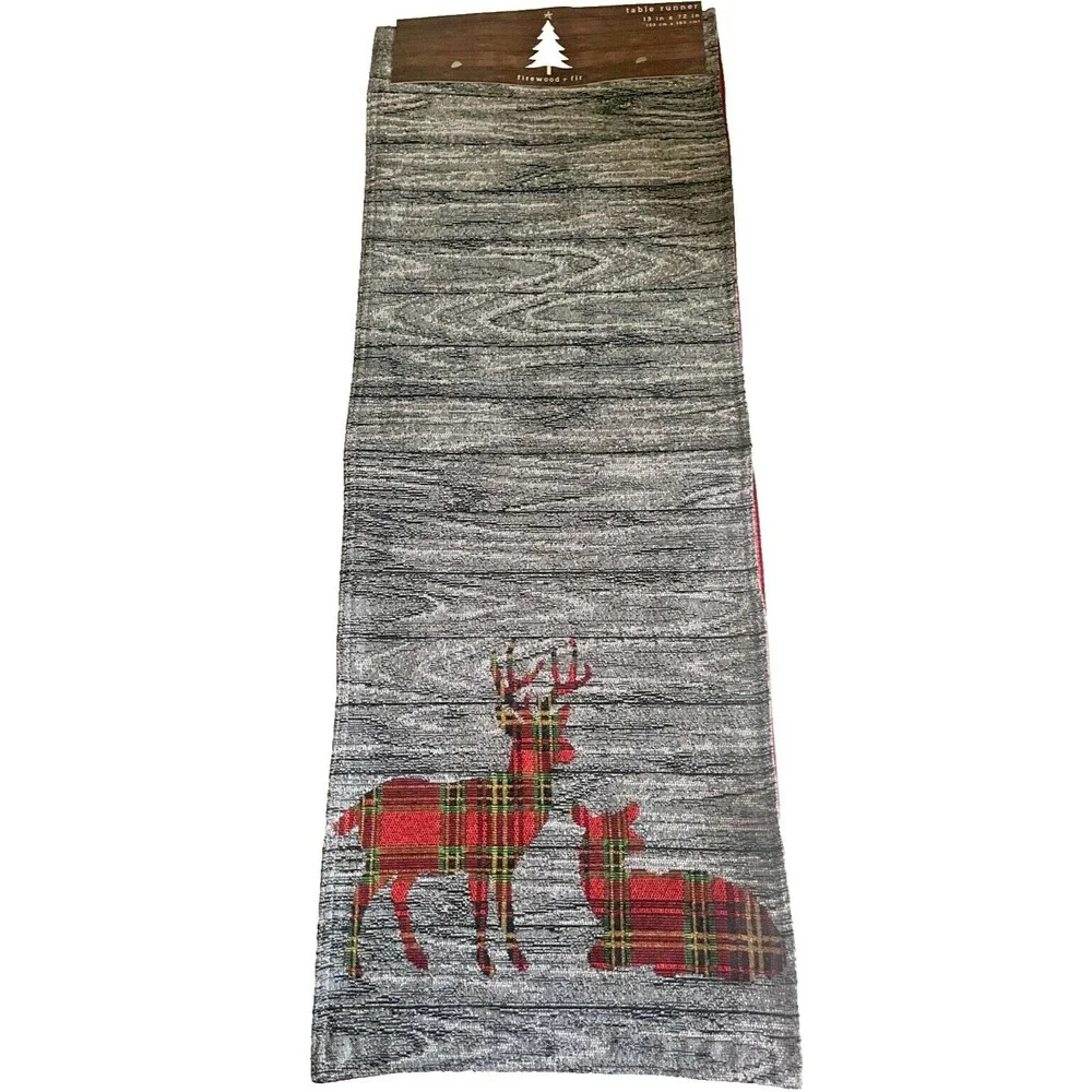Christmas Reindeer Plaid Table Runner Tapestry Deer Rustic Cabin 13x72